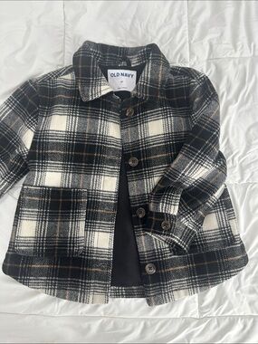 Old Navy Black, Cream & Brown Plaid Button-Up Shacket